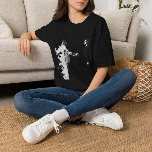 A Lady wearing Black Monochrome Burn & Handshake Graphic Tee--Y2k graphic tees - Ninth Line