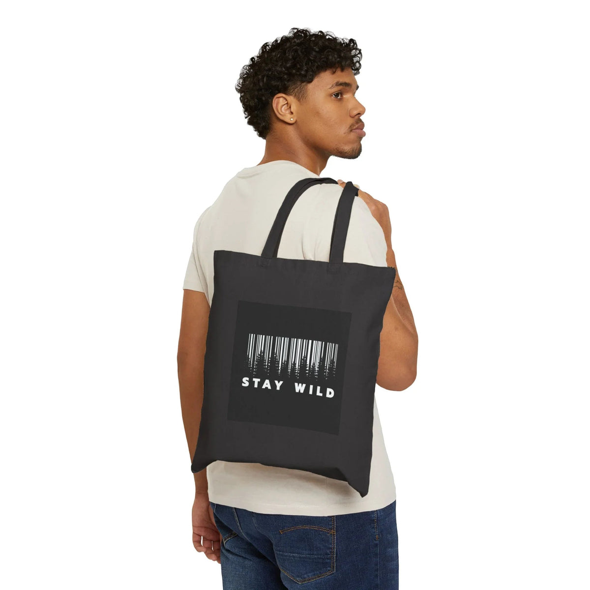 Man Carrying Black Stay wild Forest graphic Cotton Canvas Tote Bag — Reusable Heavy Duty Shopping Bag- Ninth Line