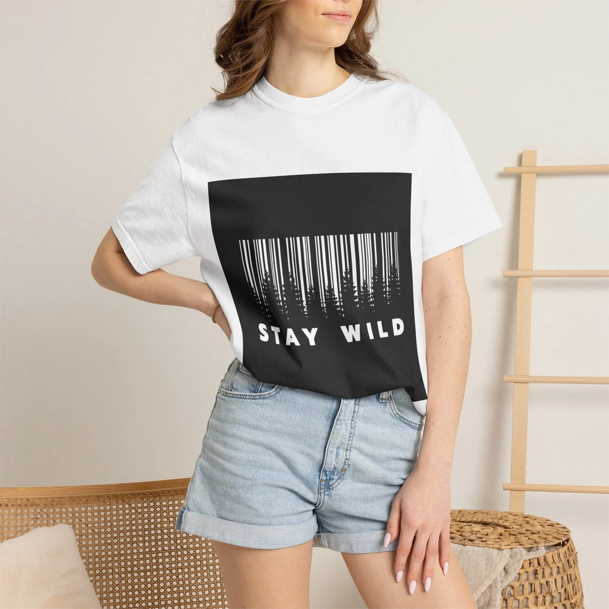 A model wearing Stay wild forest graphic t-shirt - Ninth Line