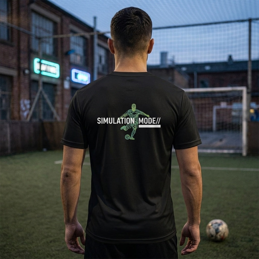 Simulation Mode Graphic Tee — Retro Cyber Grid Soccer Shirt