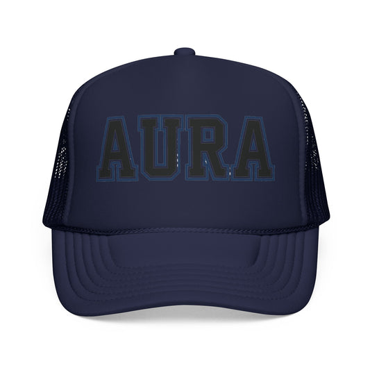 Aura Trucker Hat — Vintage College Patch Foam Cap
