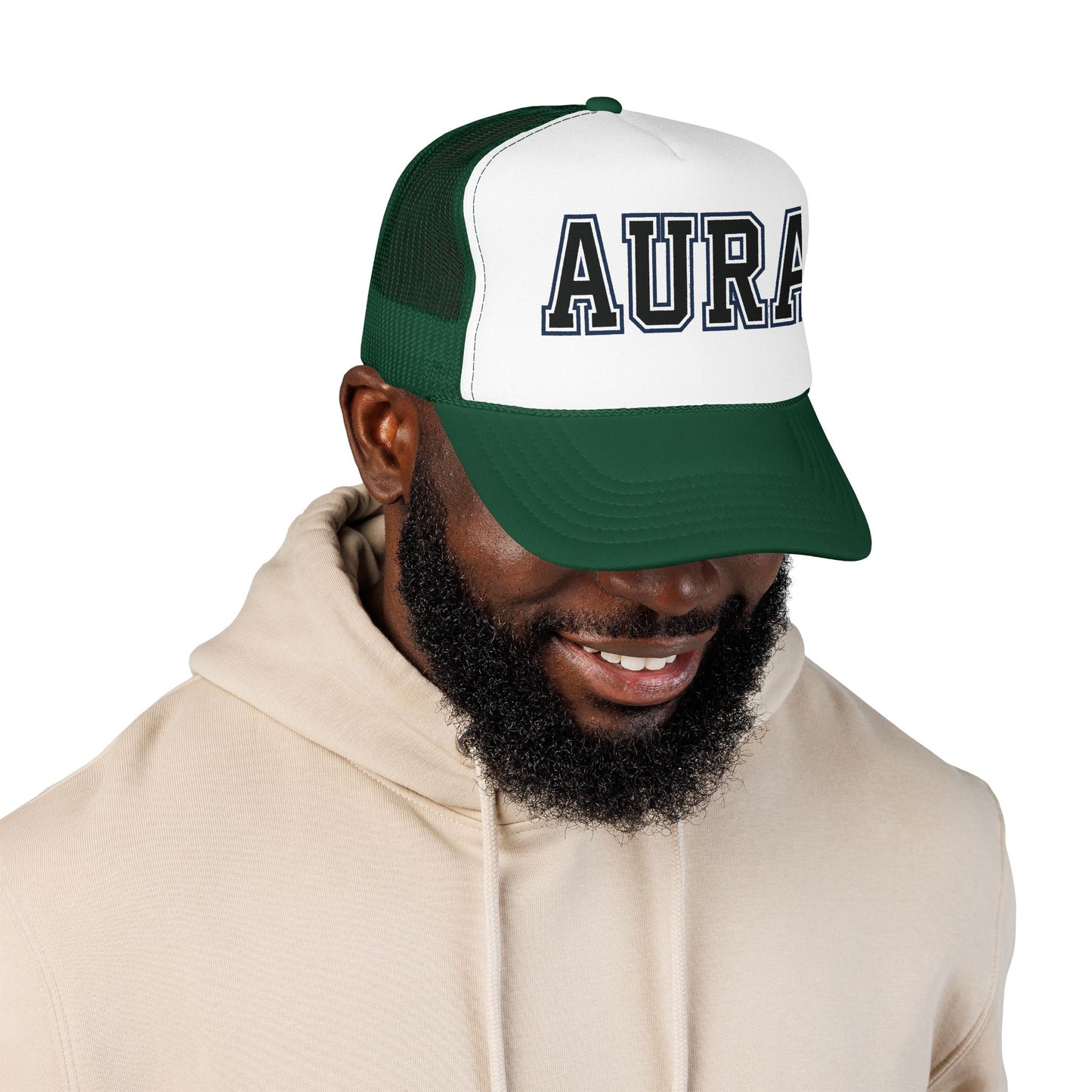 Aura Trucker Hat — Vintage College Patch Foam Cap