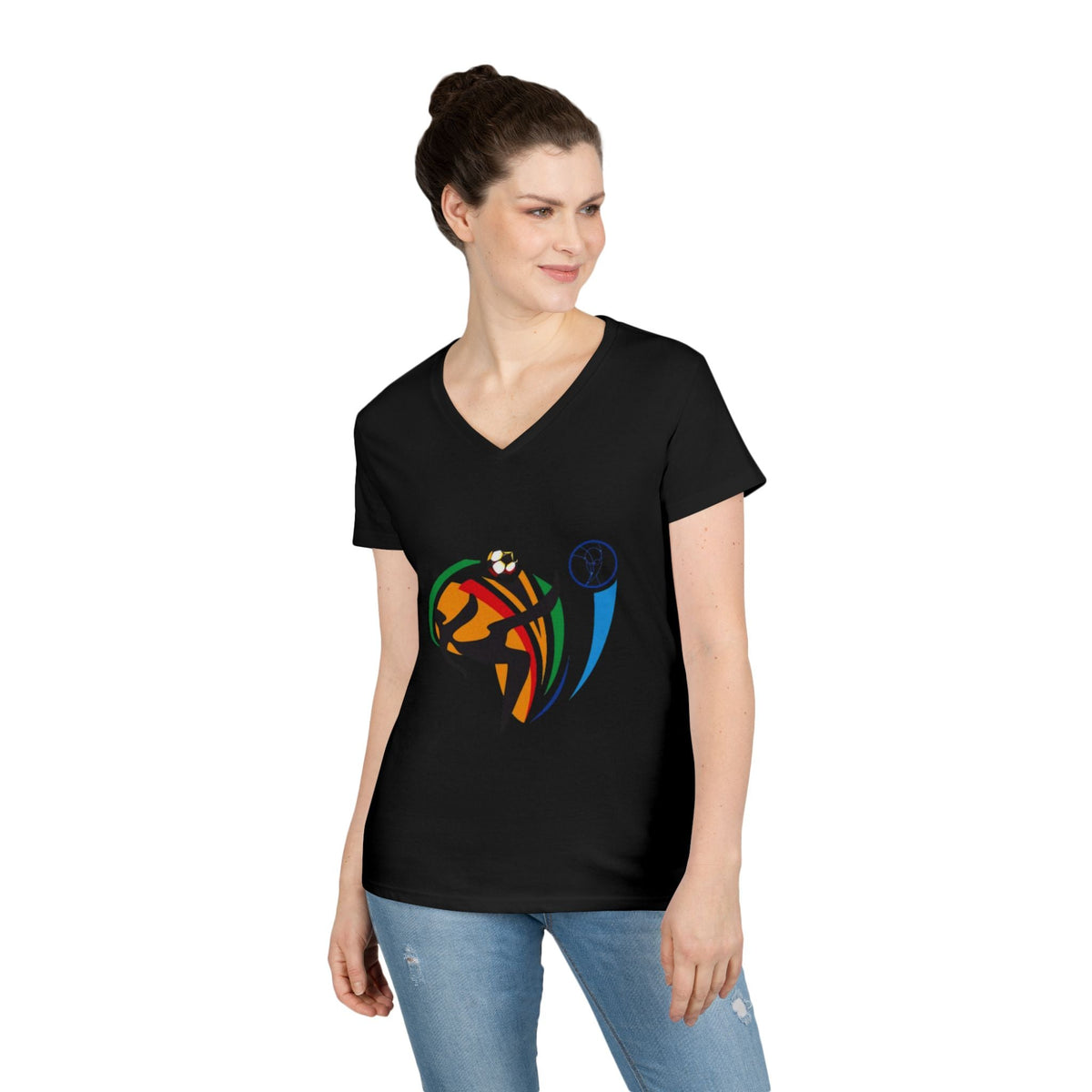 A lady wearing Black USA FIFA Overhead Kick Graphic Tee | Vintage Retro Soccer Streetwear Shirt - Ninth Line