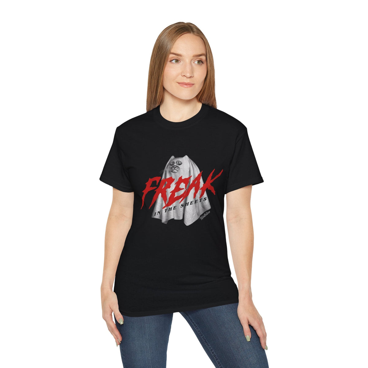 A lady wearing Black Freak in the Street T-Shirt — Urban Vintage Graphic Tee - Ninth Line