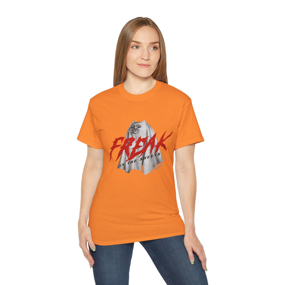 A Lady wearing Orange Freak in the Street T-Shirt — Urban Vintage Graphic Tee - Ninth Line