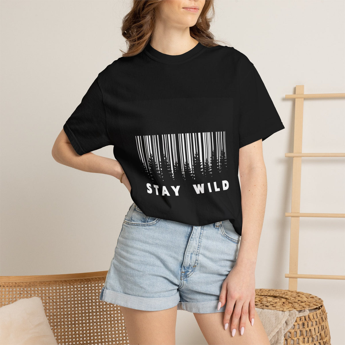 A Lady wearing Stay Wild Forest Graphic Tee – Black Streetwear T-Shirt - Ninth Line