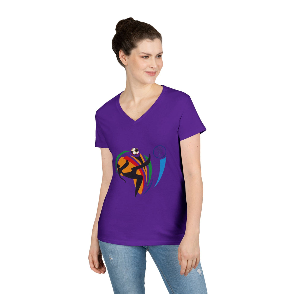 A lady wearing Purple USA FIFA Overhead Kick Graphic Tee | Vintage Retro Soccer Streetwear Shirt - Ninth Line