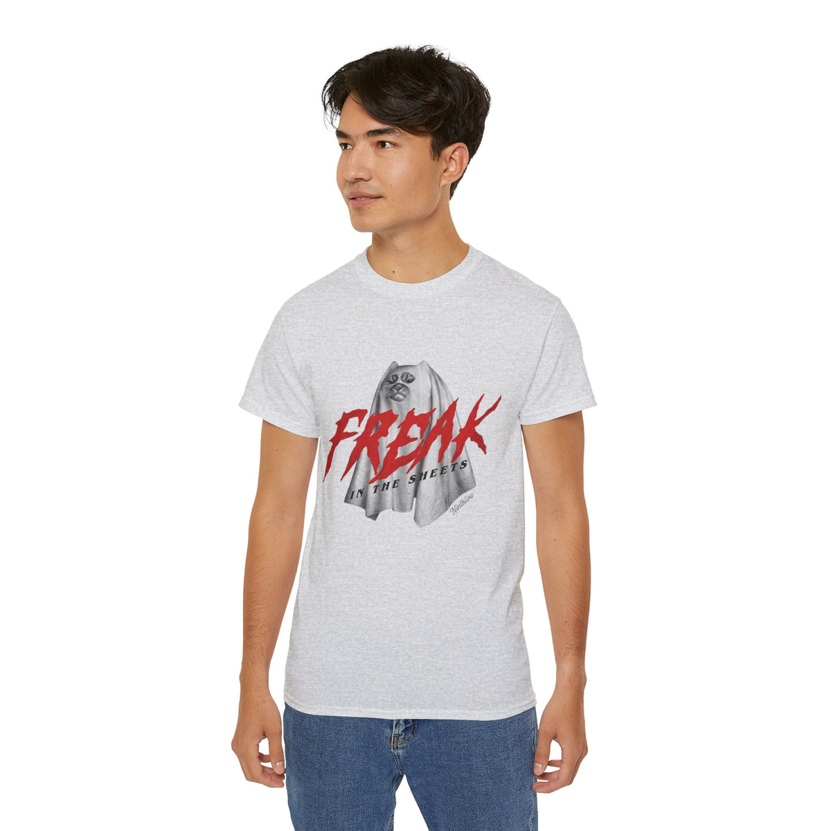 A Man wearing Smoke Grey Freak in the Street T-Shirt — Urban Vintage Graphic Tee - Ninth Line