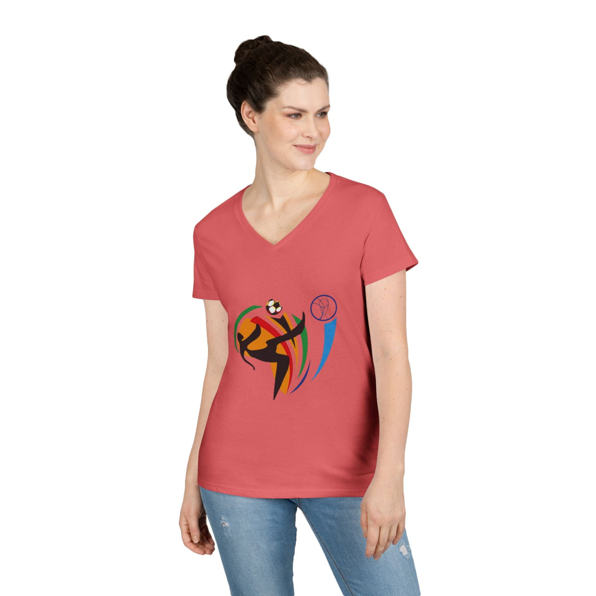 A lady wearing Coral silk USA FIFA Overhead Kick Graphic Tee | Vintage Retro Soccer Streetwear Shirt - Ninth Line