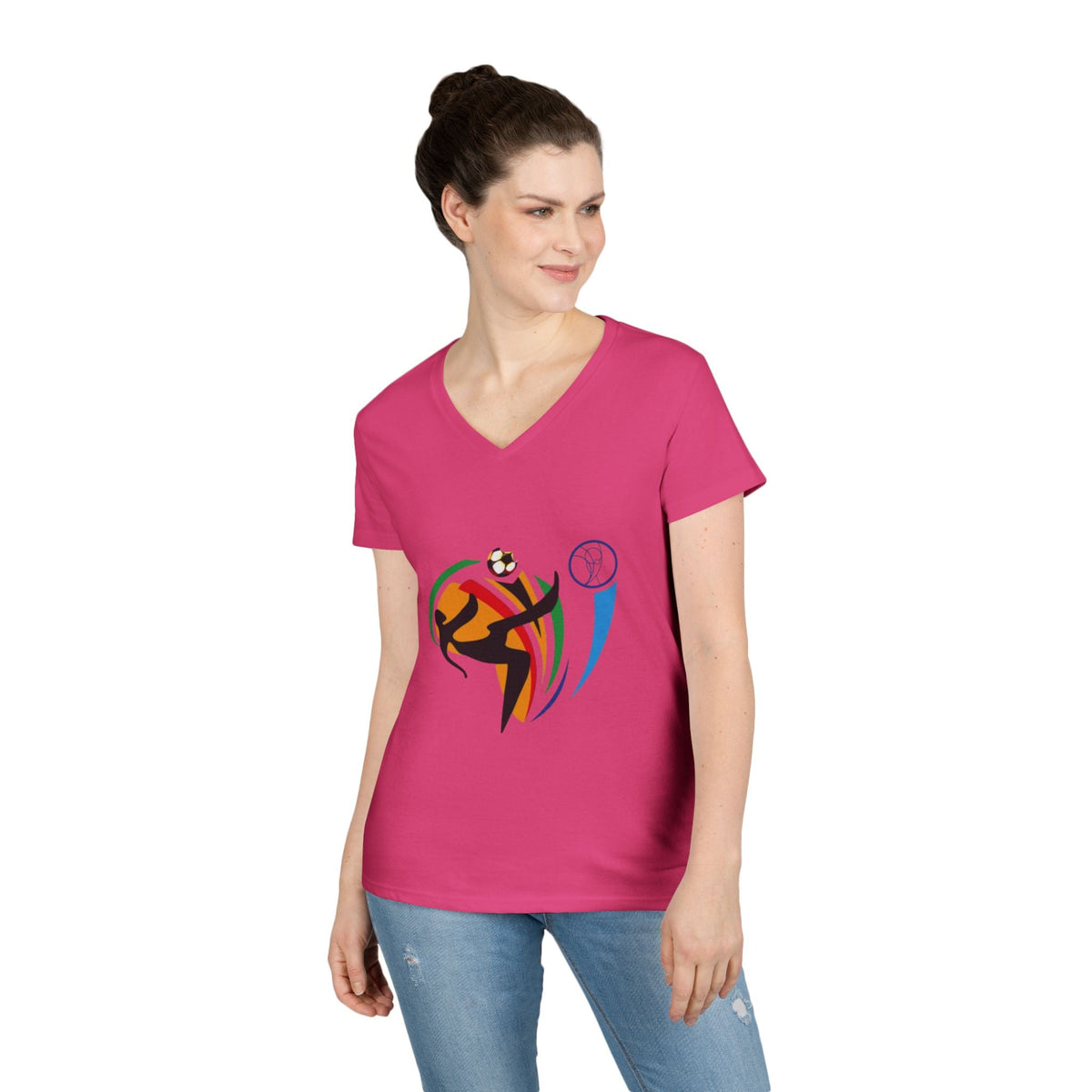 A lady wearing Heliconia USA FIFA Overhead Kick Graphic Tee | Vintage Retro Soccer Streetwear Shirt - Ninth Line
