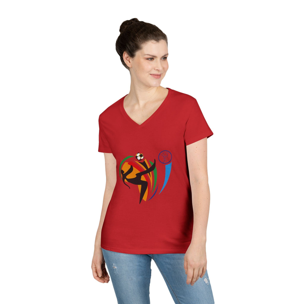 A lady wearing Red USA FIFA Overhead Kick Graphic Tee | Vintage Retro Soccer Streetwear Shirt - Ninth Line