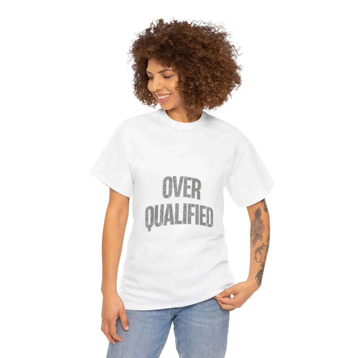 A Lady wearing Sarcasm University Graphic Tee – Over Qualified Front Print- Ninth Line