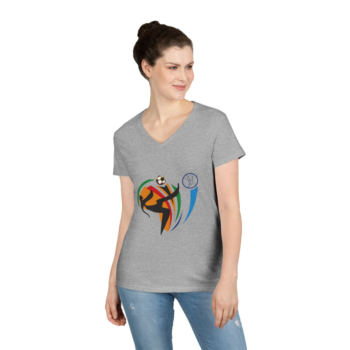A Lady wearing Sports grey USA FIFA Overhead Kick Graphic Tee | Vintage Retro Soccer Streetwear Shirt - Ninth Line