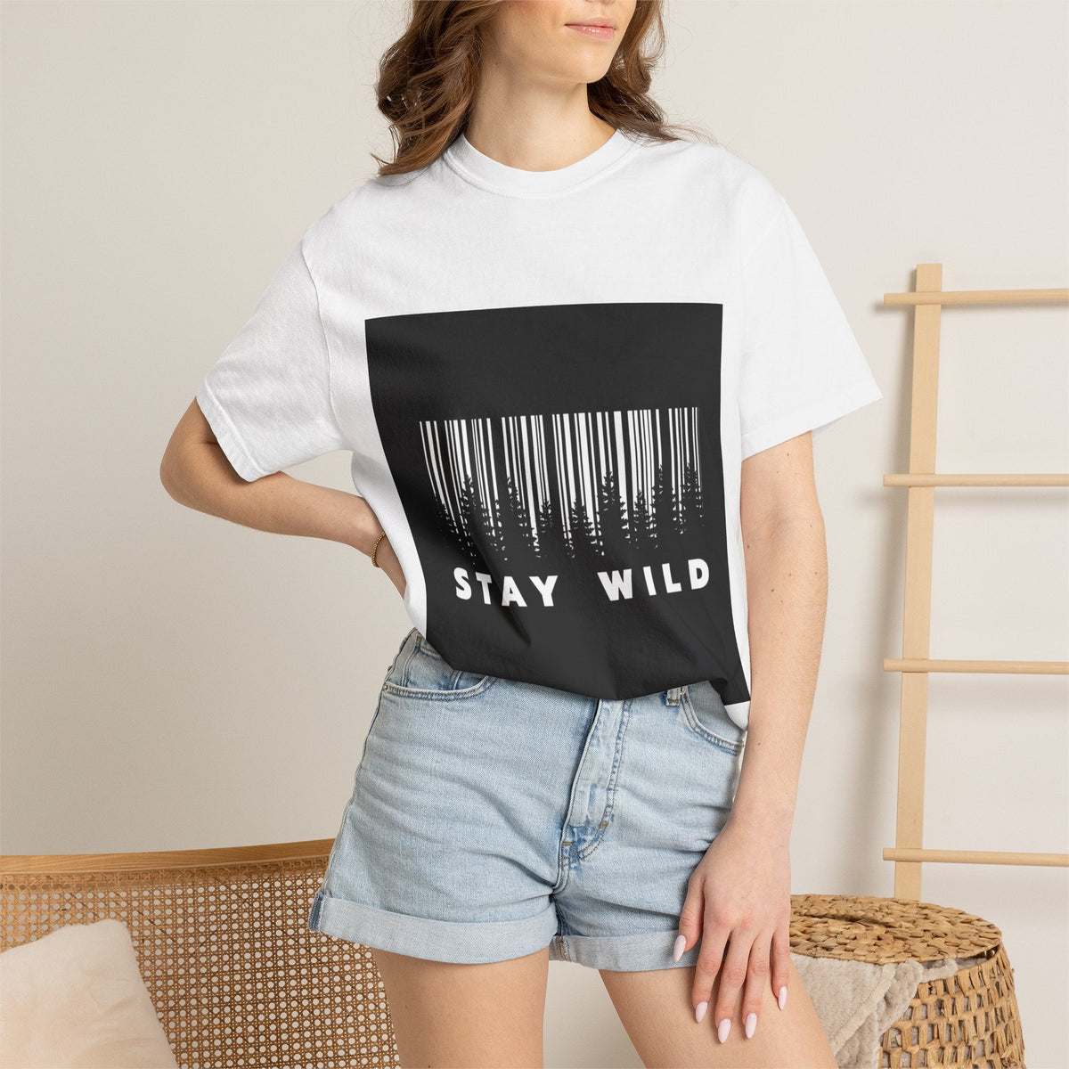 A Lady wearing Stay Wild Forest Graphic Tee – White Streetwear T-Shirt - Ninth Line