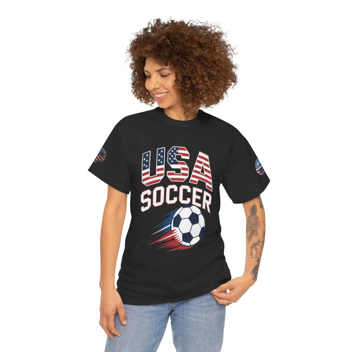 Lady wearing black USA Soccer Retro streetwear graphic tee- USMNT T-Shirt - Ninth Line