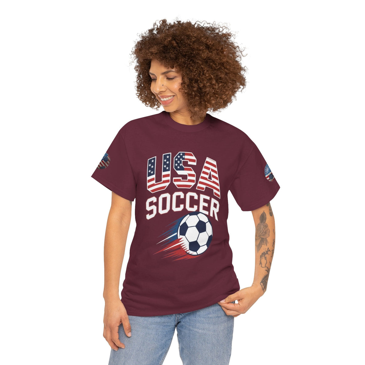 Lady wearing Burgundy USA Soccer Retro streetwear graphic tee- USMNT T-Shirt - Ninth Line
