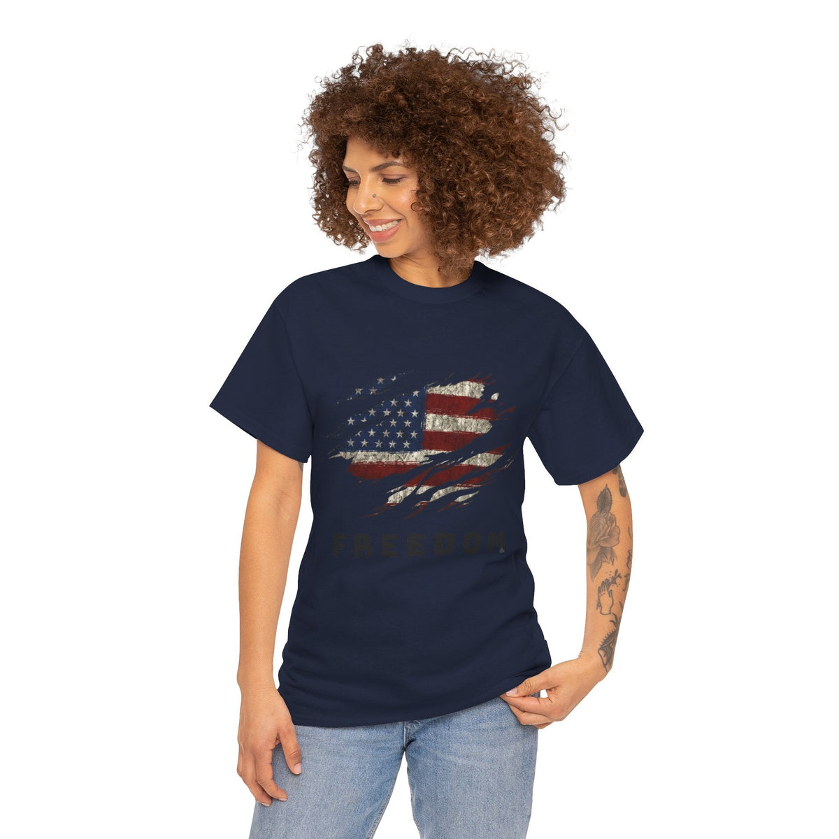 Lady wearing navy Freedom Flag Graphic Tee – American Pride Edition - Ninth Line