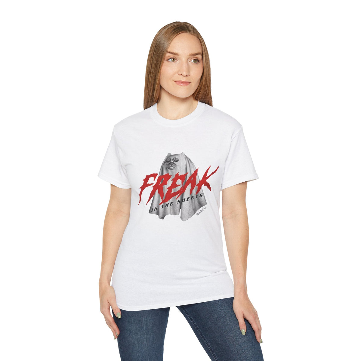Lady wearing White Freak in the Street T-Shirt — Urban Vintage Graphic Tee - Ninth Line