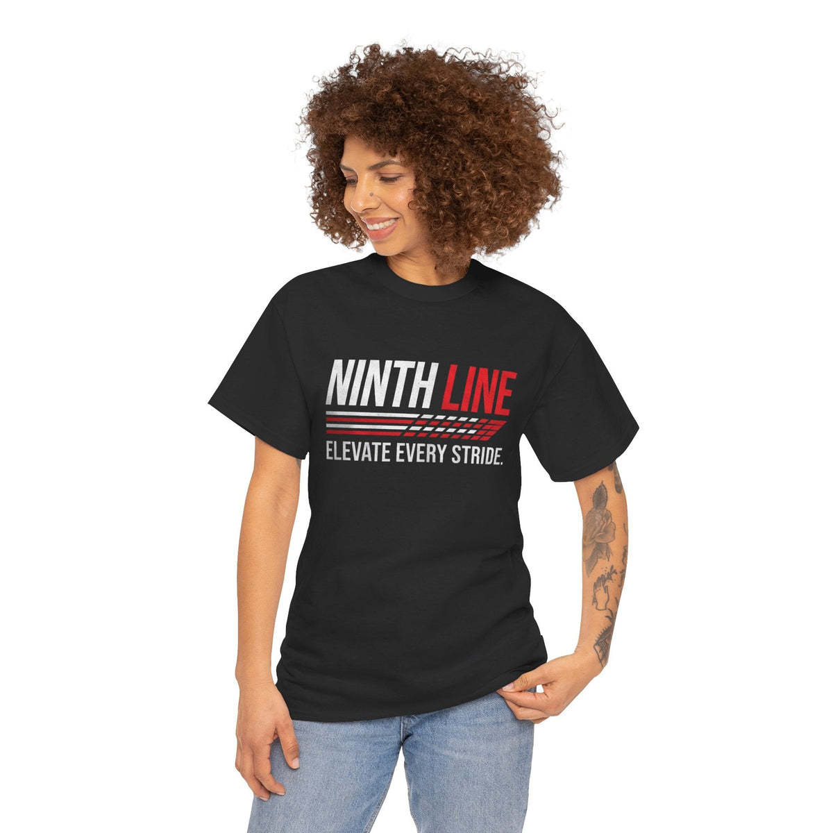 Lady wearing Black Ninth Line Signature T-shirt- Street wear graphic Tee - Ninth Line