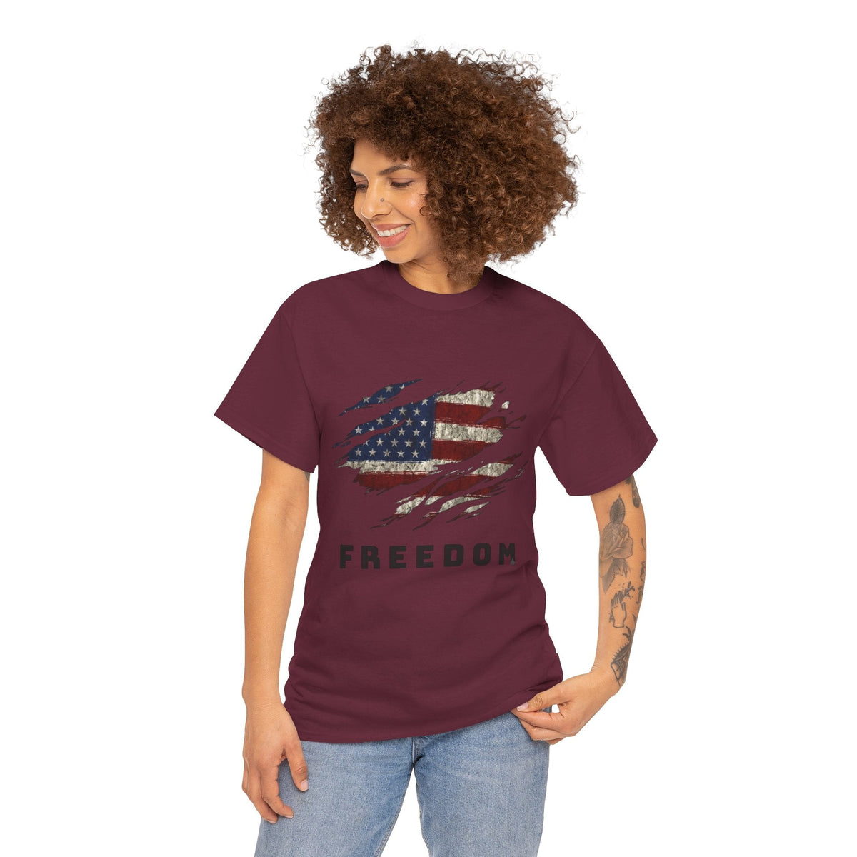 Lady wearing Burgundy Freedom Flag Graphic Tee – American Pride Edition - Ninth Line