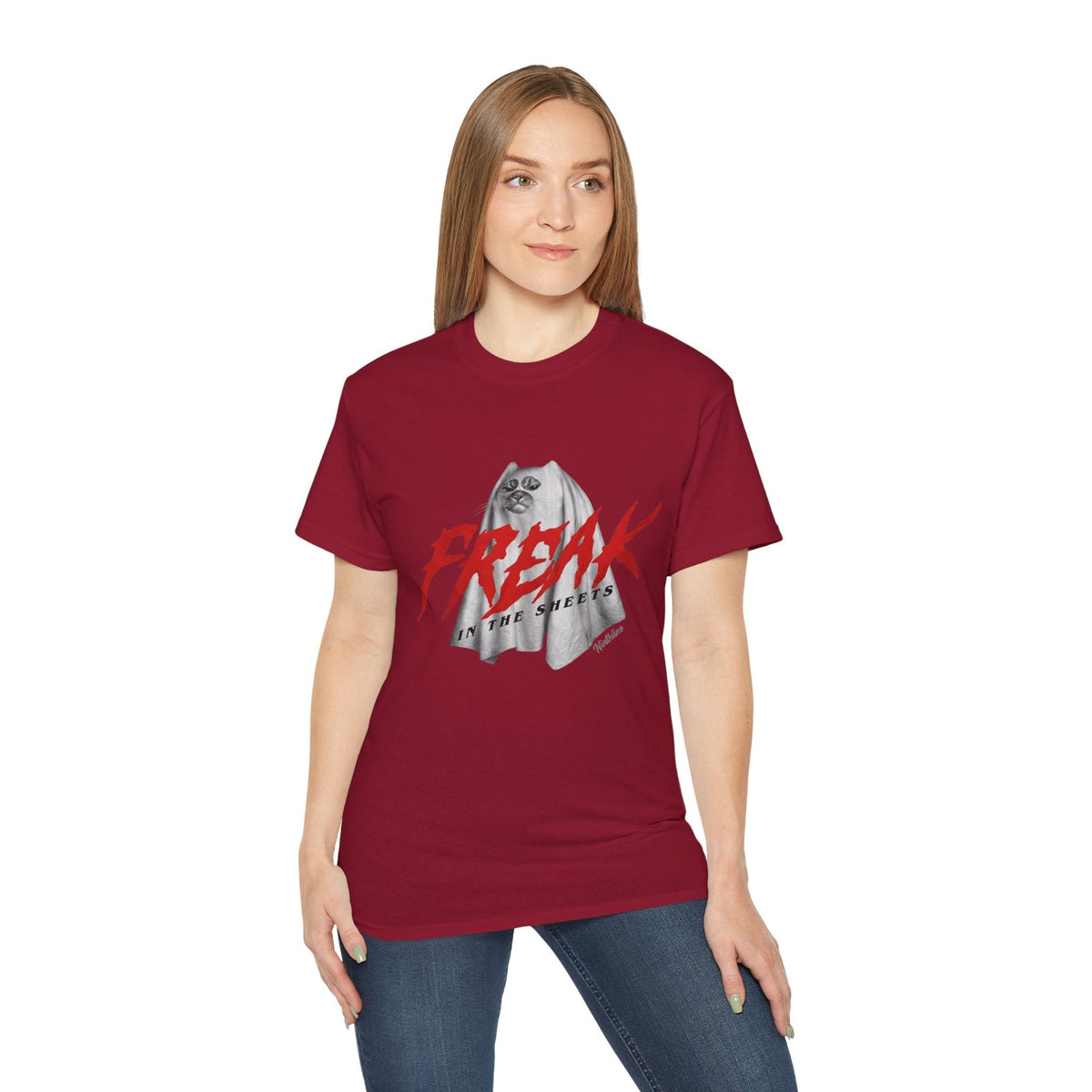 Lady wearing Cardinal red Freak in the Street T-Shirt — Urban Vintage Graphic Tee - Ninth Line
