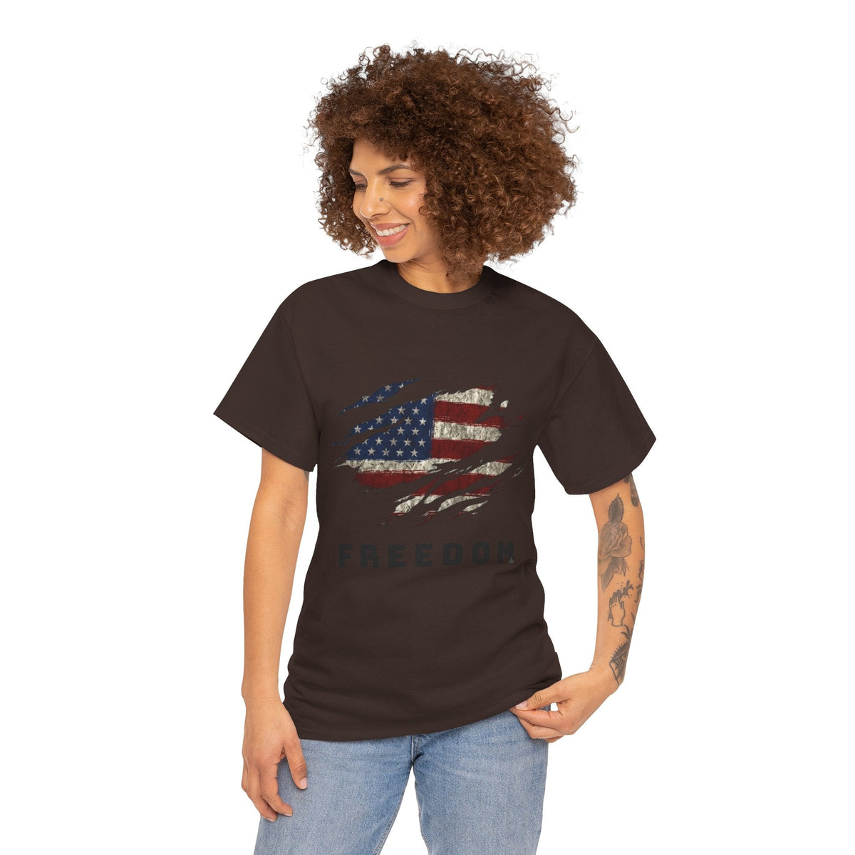 Lady wearing Dark chocolate Freedom Flag Graphic Tee – American Pride Edition - Ninth Line