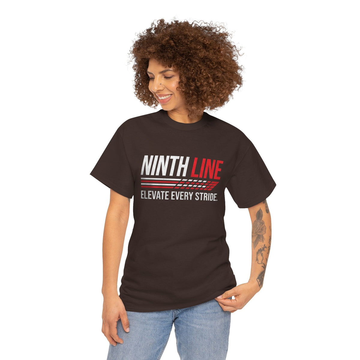 Lady wearing Maroon Ninth Line Signature T-shirt- Street wear graphic Tee- Ninth Line