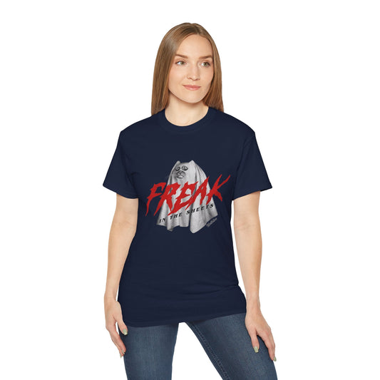Lady wearing Navy Freak in the Street T-Shirt — Urban Vintage Graphic Tee - Ninth Line