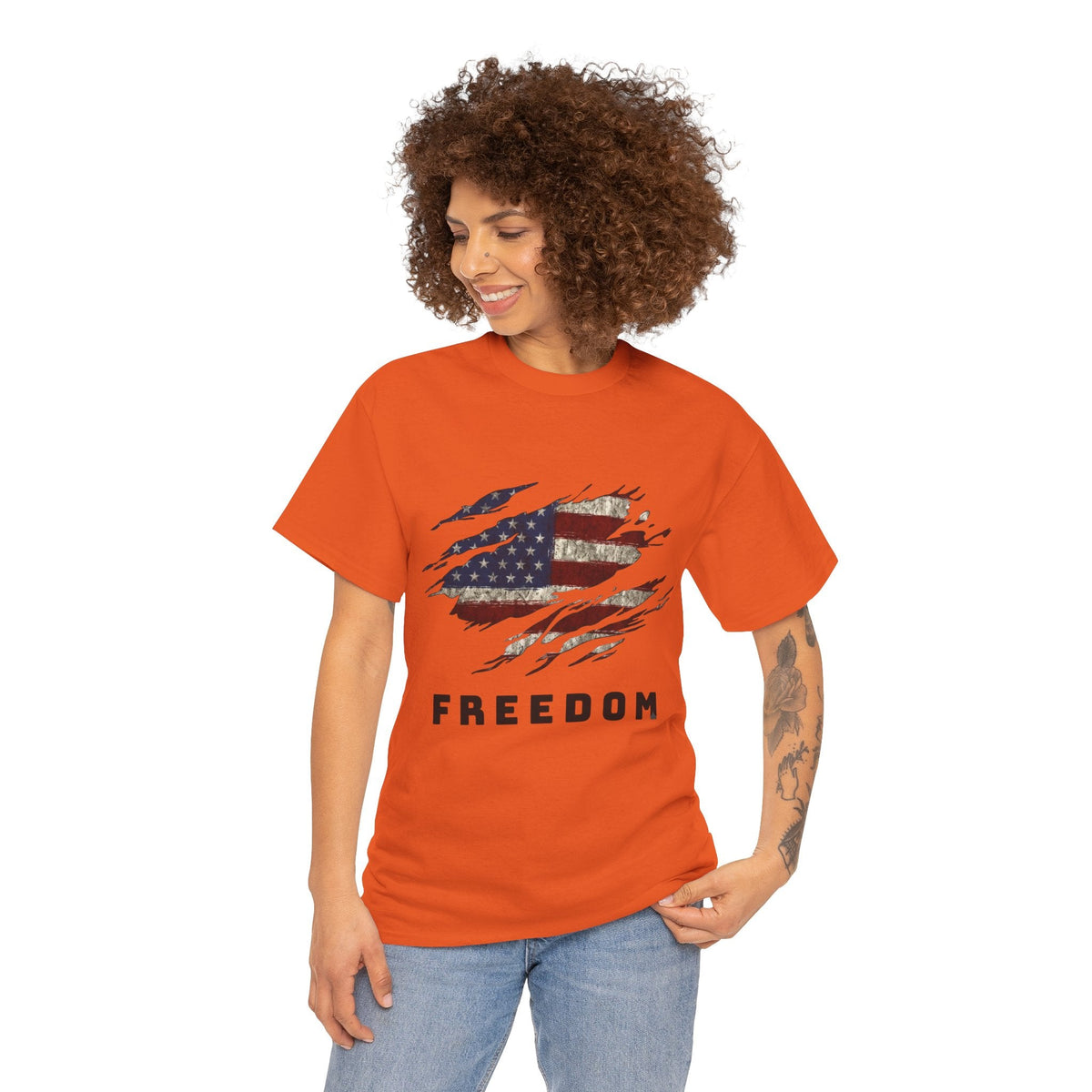 Lady wearing Orange Freedom Flag Graphic Tee – American Pride Edition - Ninth Line
