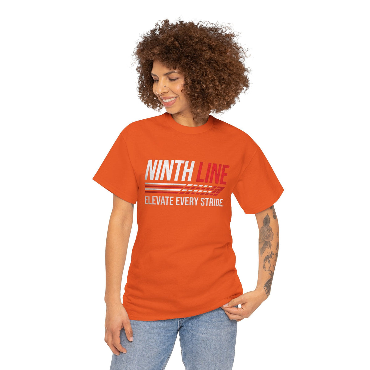 Lady wearing Orange Ninth Line Signature T-shirt- Street wear graphic Tee - Ninth Line