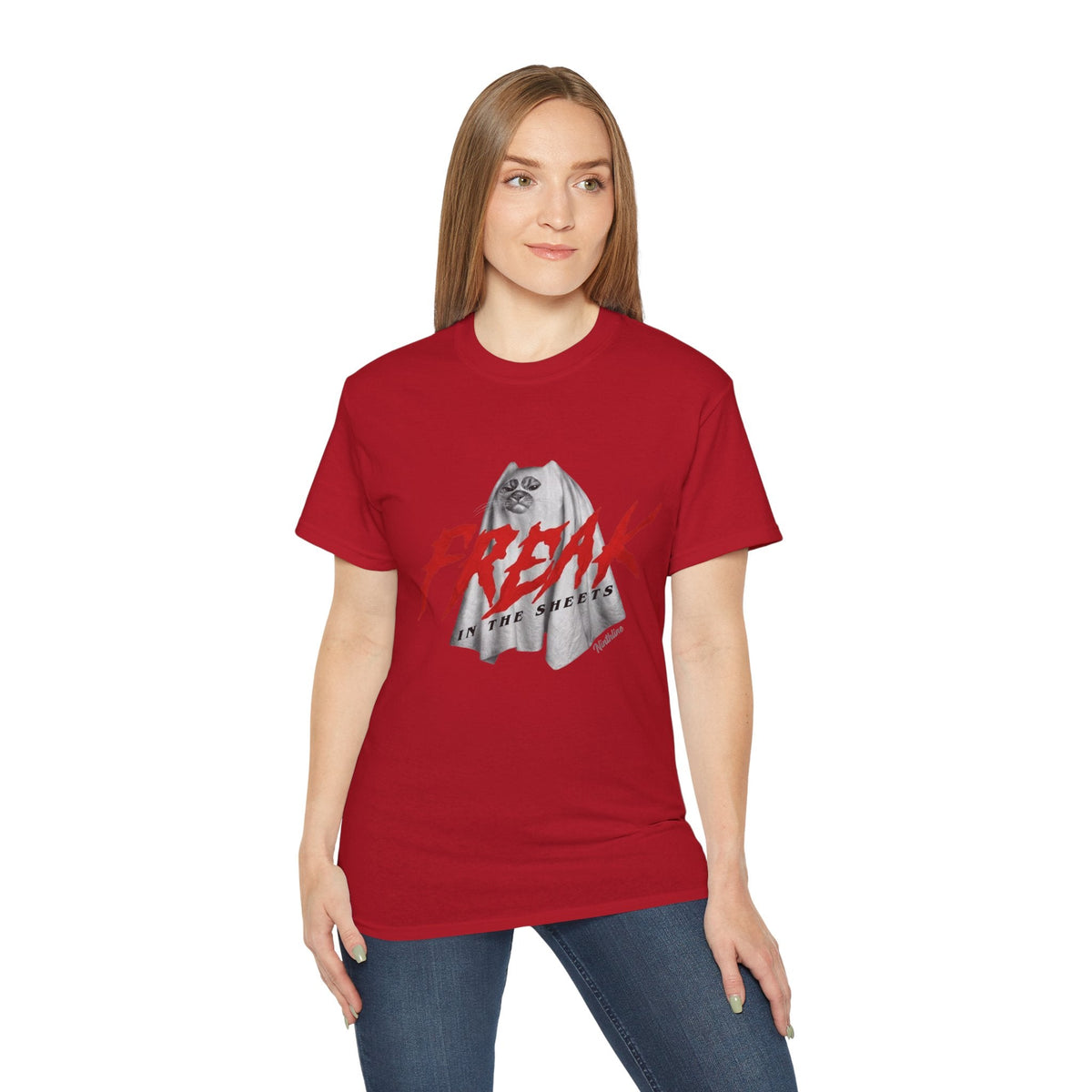 Lady wearing Red Freak in the Street T-Shirt — Urban Vintage Graphic Tee - Ninth Line