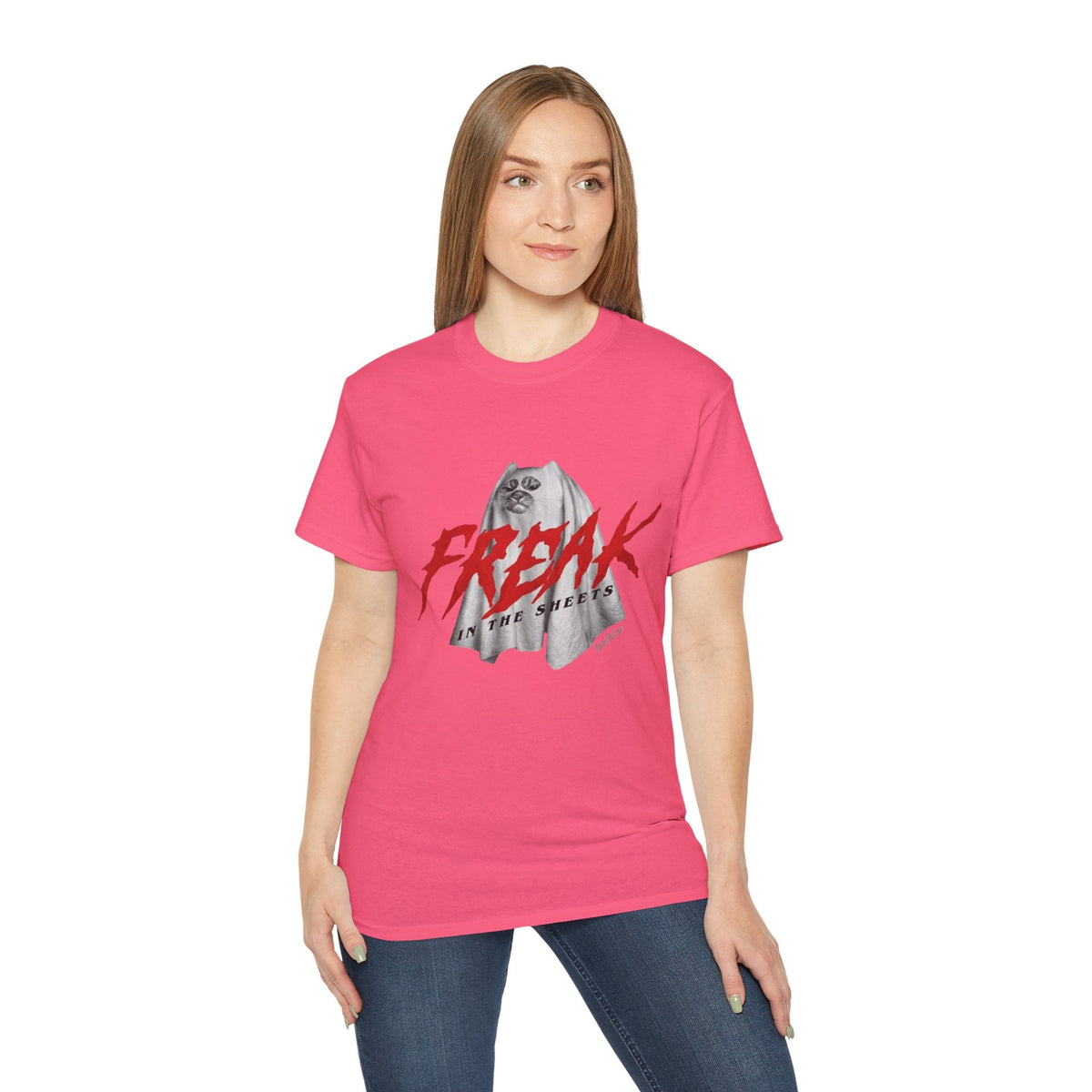 Lady wearing Safety pink Freak in the Street T-Shirt — Urban Vintage Graphic Tee - Ninth Line