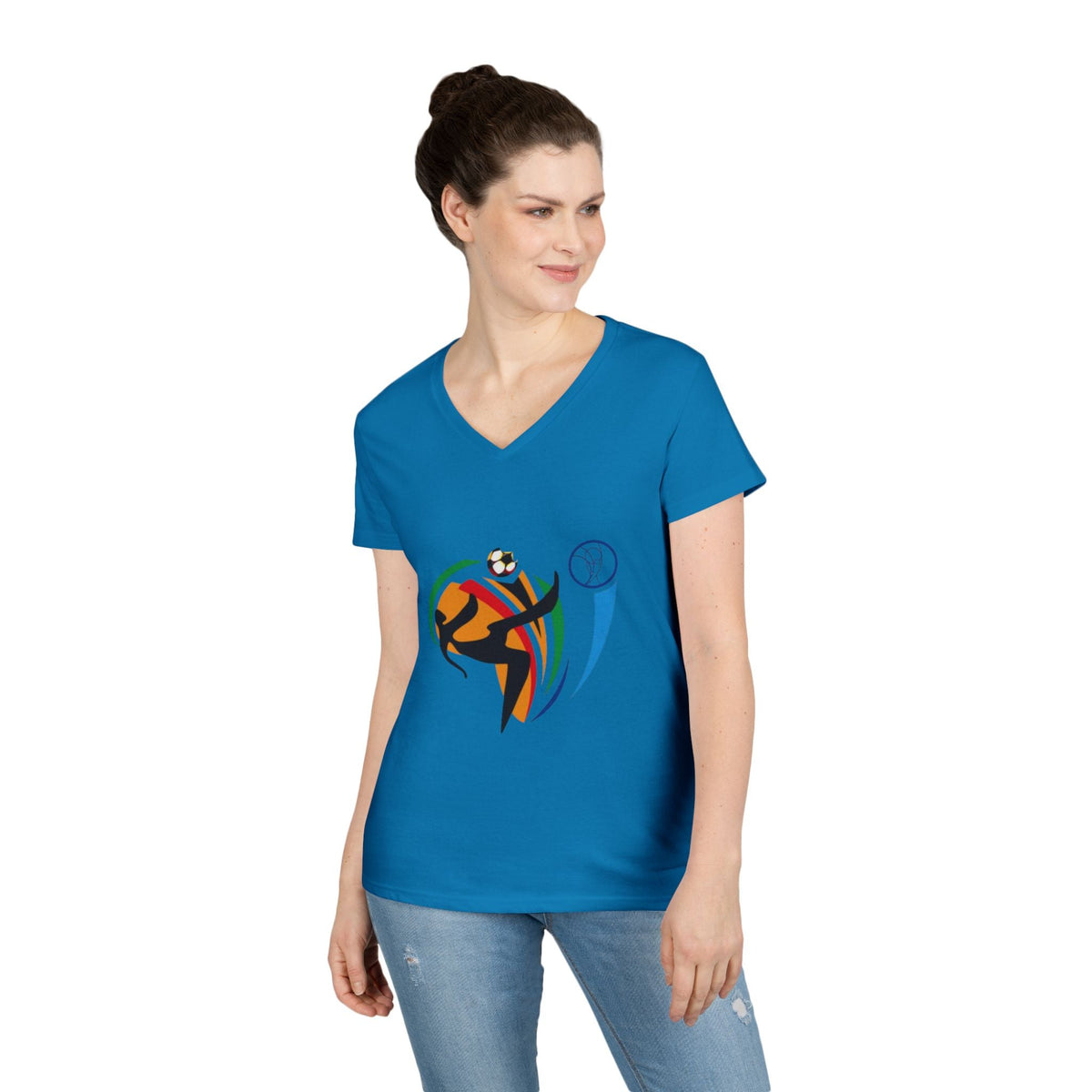 A lady wearing sapphire blue USA FIFA Overhead Kick Graphic Tee | Vintage Retro Soccer Streetwear Shirt- Ninth Line