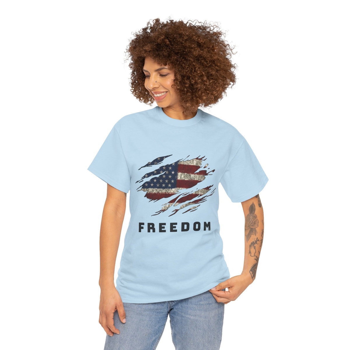 Lady wearing sky Freedom Flag Graphic Tee – American Pride Edition - Ninth Line