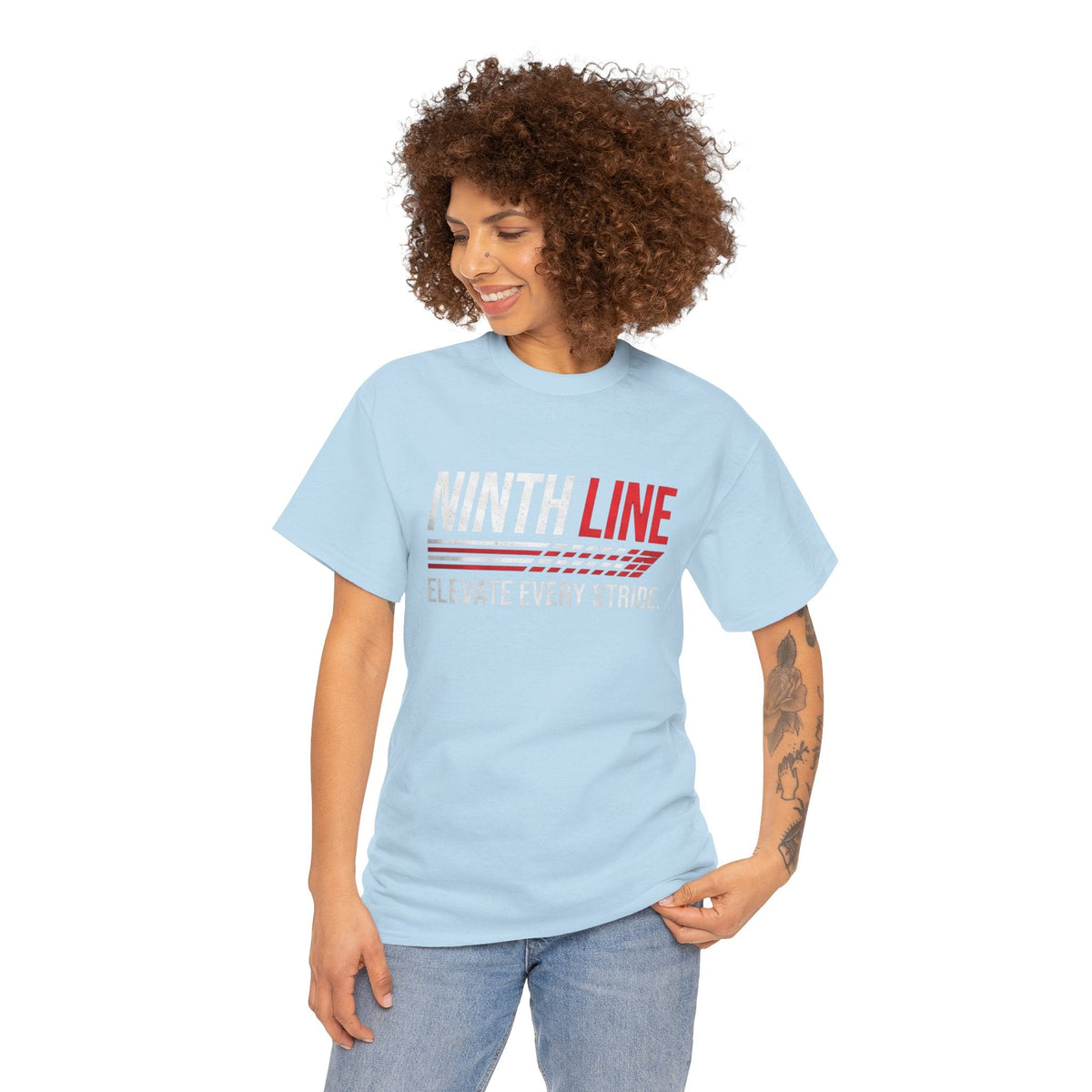 lady wearing Sky blue Ninth Line Signature T-shirt- Street wear graphic Tee - Ninth Line