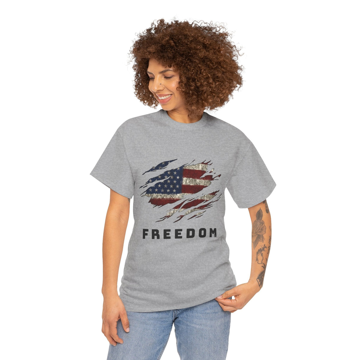 Lady wearing grey Freedom Flag Graphic Tee – American Pride Edition- Ninth Line