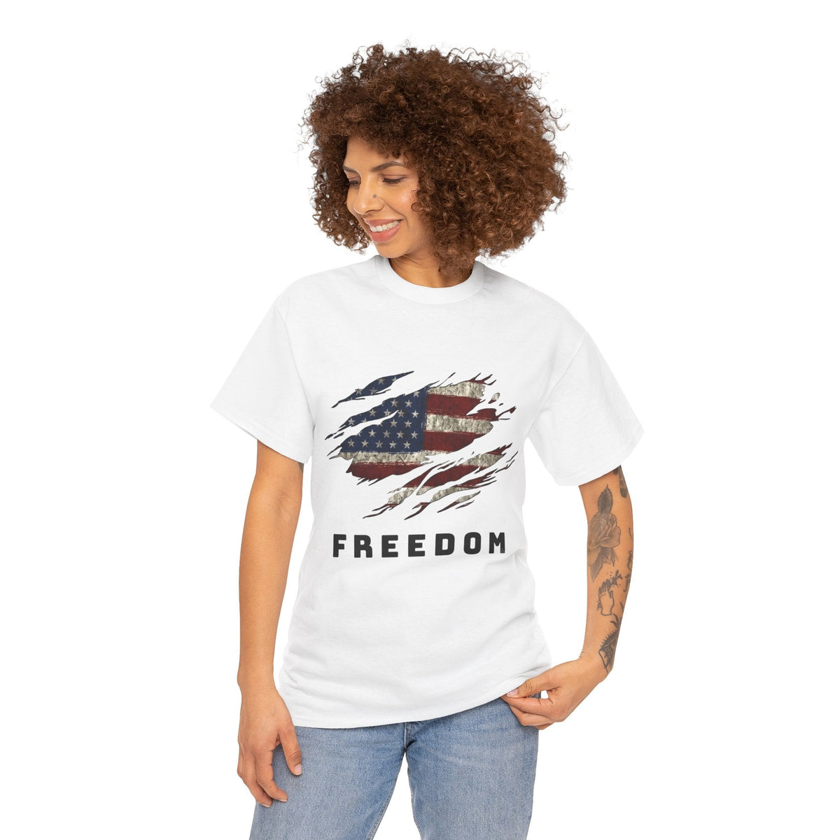 Lady wearing white Freedom Flag Graphic Tee – American Pride Edition- Ninth Line