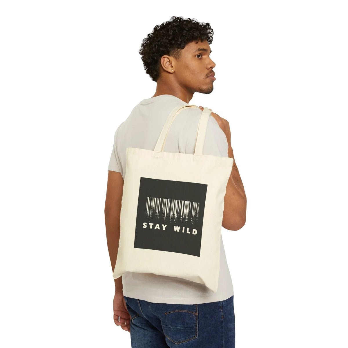 Man Carrying Stay wild Forest graphic Cotton Canvas Tote Bag — Reusable Heavy Duty Shopping Bag- Ninth Line
