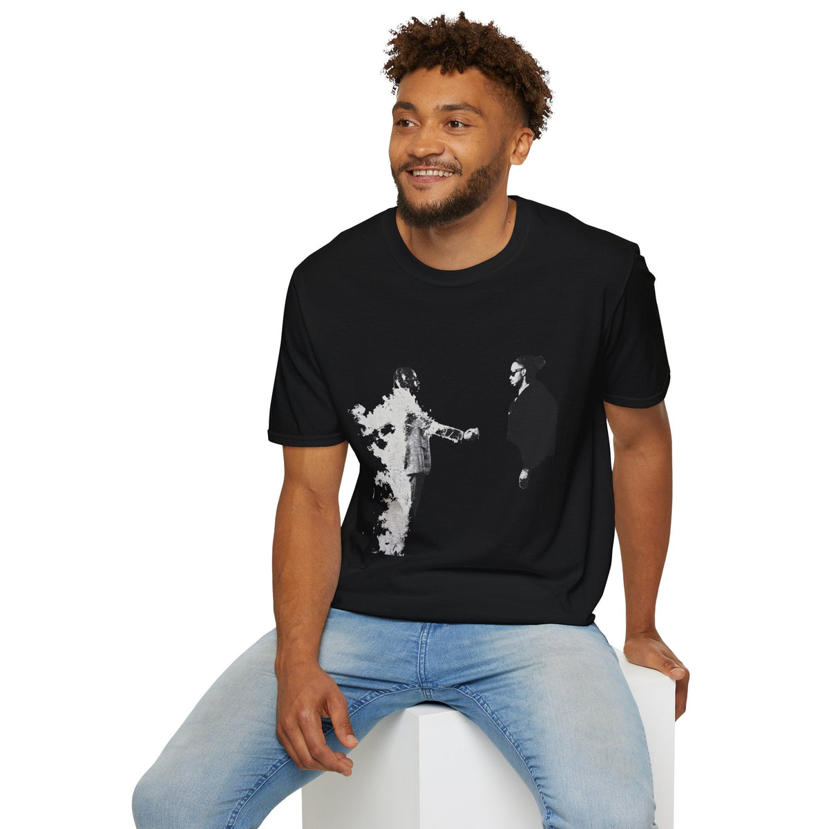 Man wearing Black Monochrome Burn & Handshake Graphic Tee--Y2k graphic tees - Ninth Line