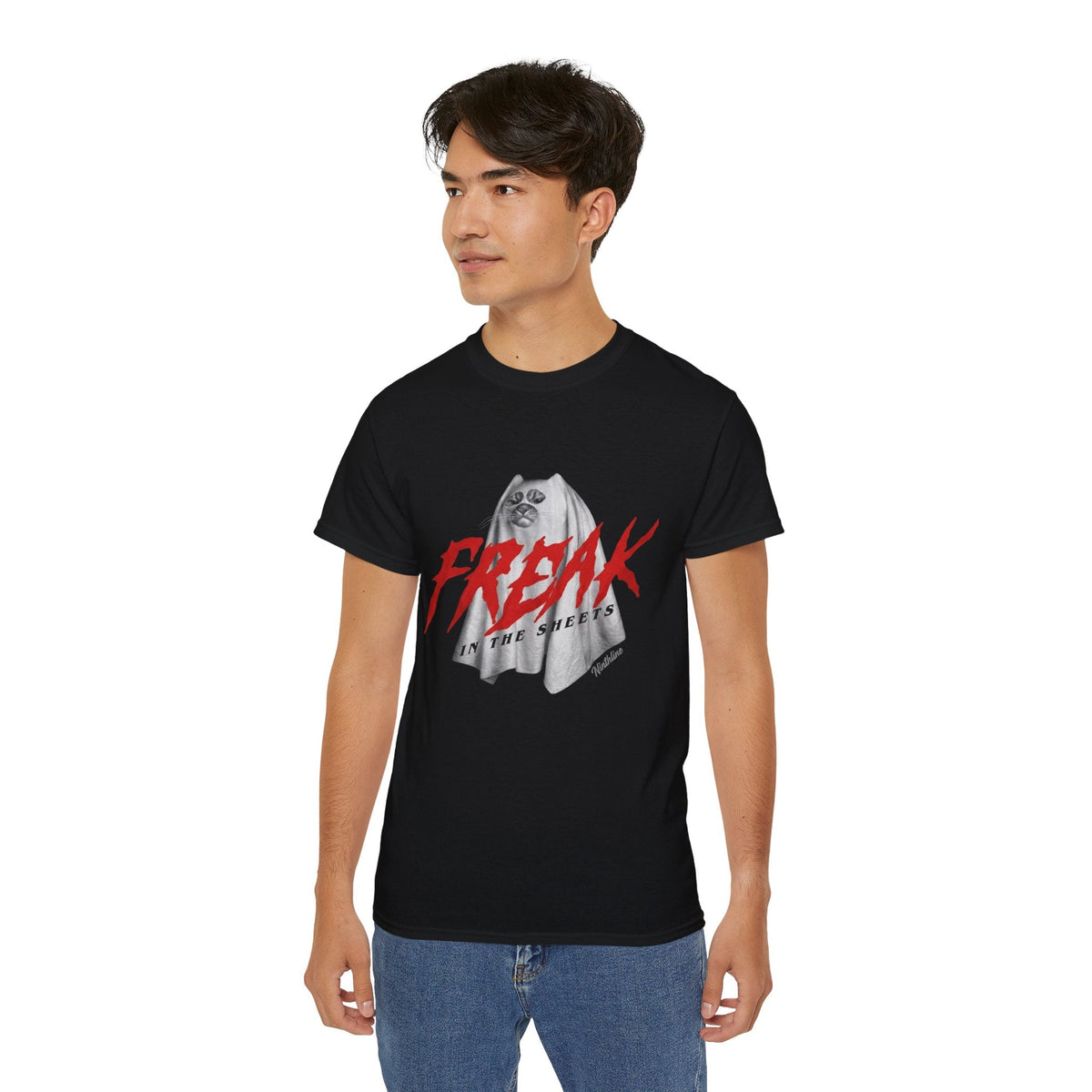 Man wearing Black Freak in the Street T-Shirt — Urban Vintage Graphic Tee - Ninth Line