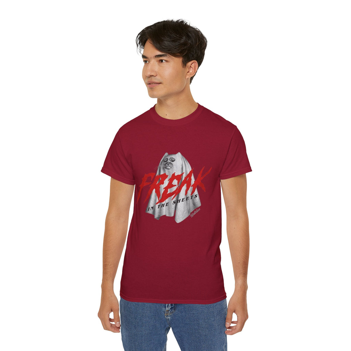 Man wearing Cardinal Red Freak in the Street T-Shirt — Urban Vintage Graphic Tee - Ninth Line