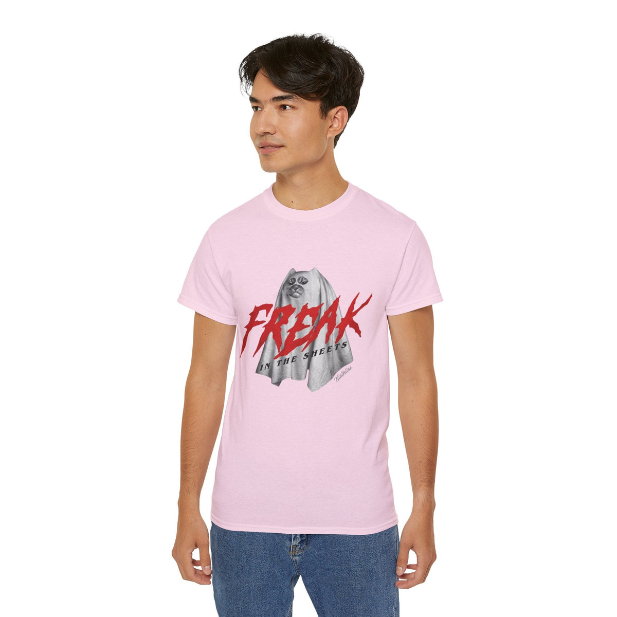Man wearing Light Pink Freak in the Street T-Shirt — Urban Vintage Graphic Tee - Ninth Line