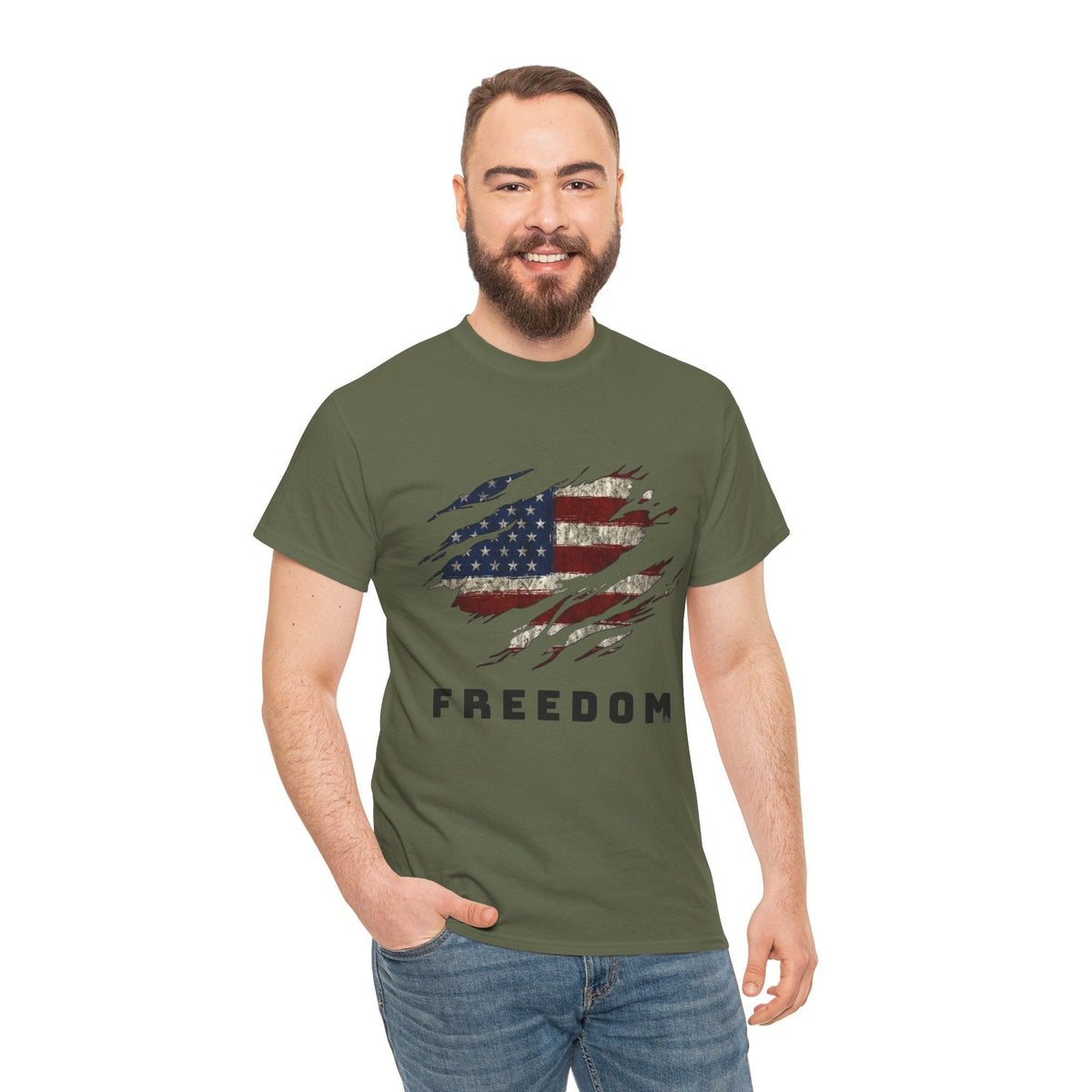 Man wearing Military green Freedom Flag Graphic Tee – American Pride Edition - Ninth Line