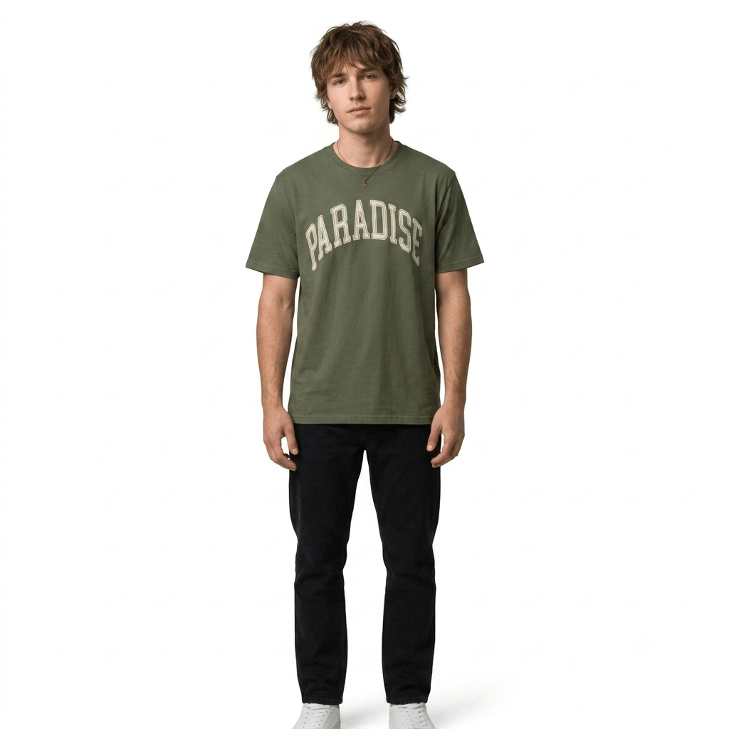 Man wearing Military Green Paradise Arch Graphic T-Shirt - Graphic tees streetwear- Ninth Line
