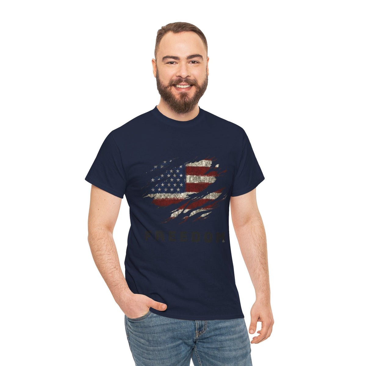 Man wearing Navy Freedom Flag Graphic Tee – American Pride Edition- Ninth Line