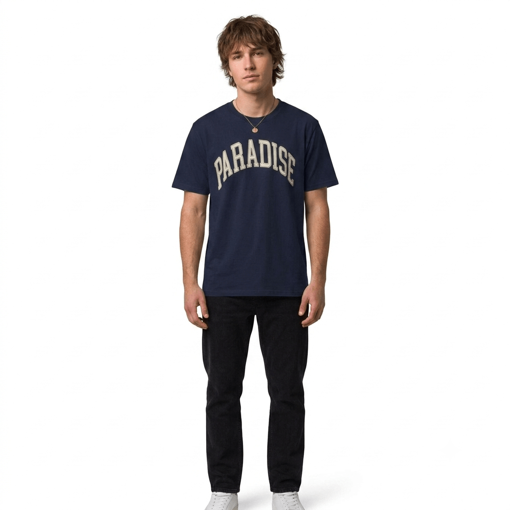 Man Wearing Navy Paradise Arch Graphic T-Shirt - Graphic tees streetwear - Ninth Line