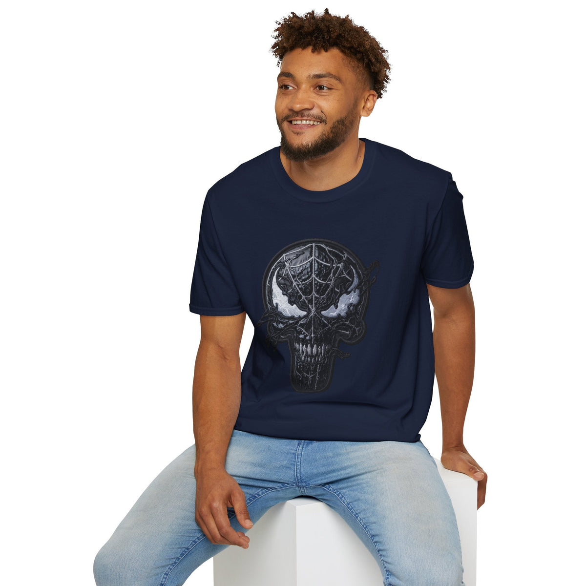 Man wearing Navy Spiderman Graphic tee — Black spiderman shirt - Ninth Line