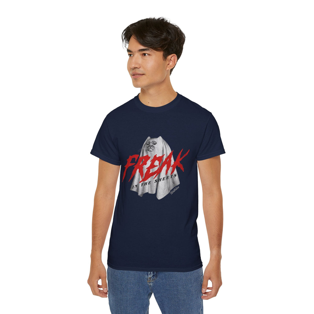 Man Wearing Navy Freak in the Street T-Shirt — Urban Vintage Graphic Tee - Ninth Line