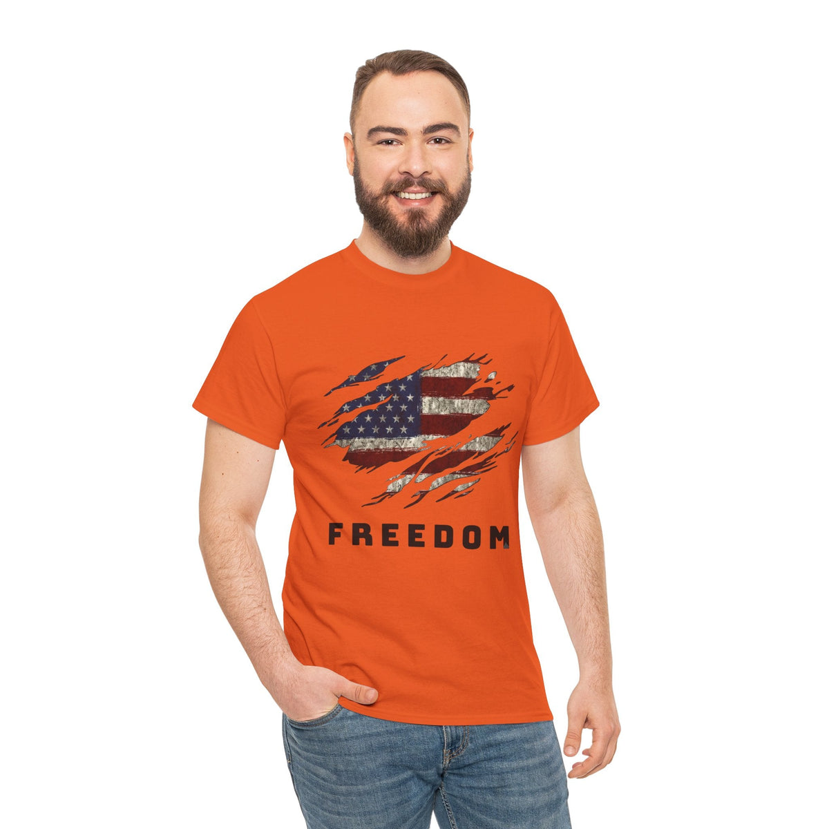 Man wearing Orange Freedom Flag Graphic Tee – American Pride Edition - Ninth Line