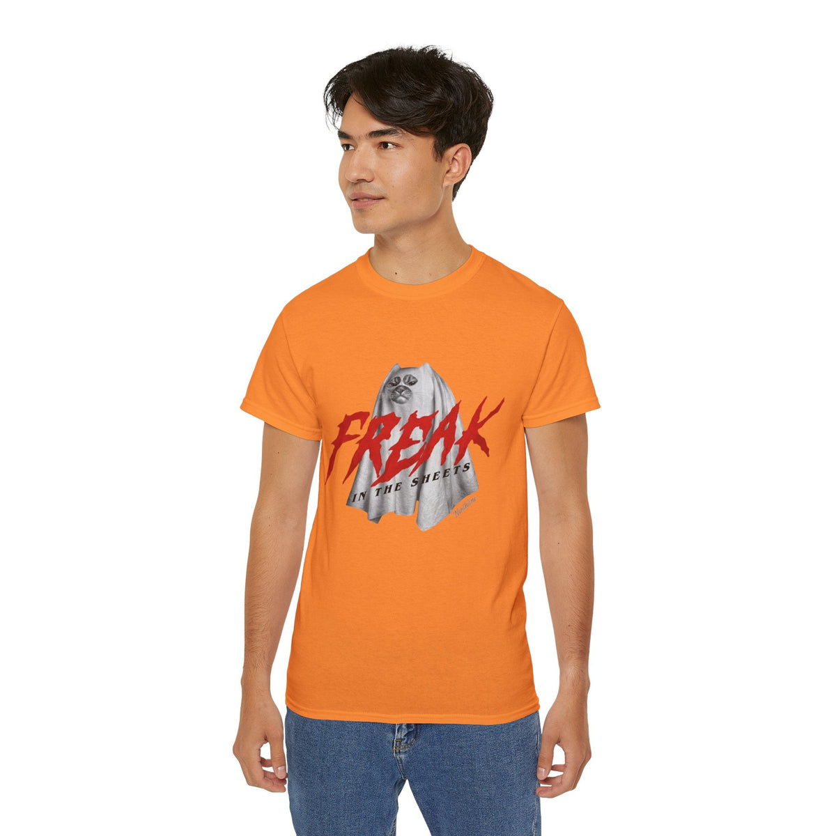 Man wearing Orange Freak in the Street T-Shirt — Urban Vintage Graphic Tee - Ninth Line